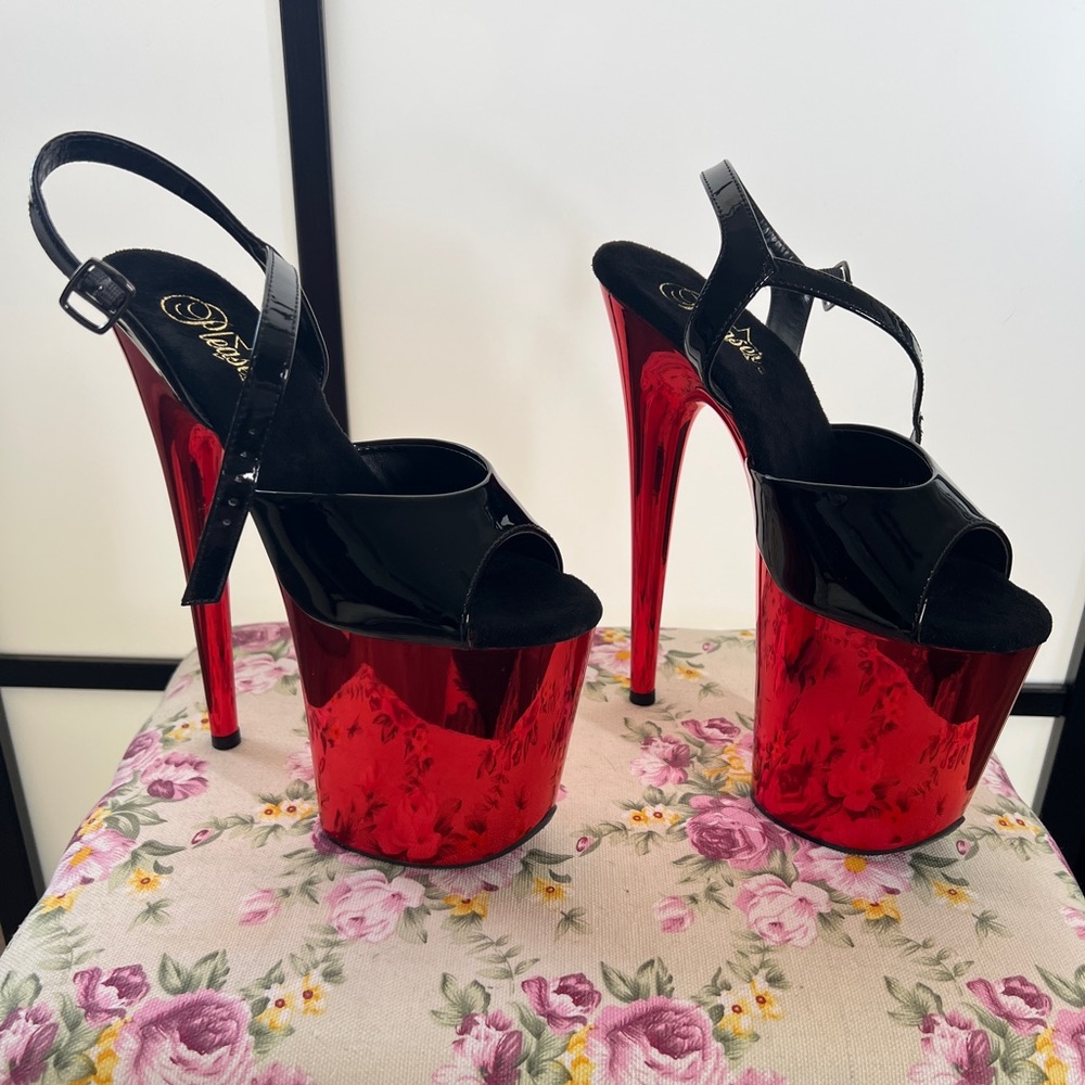 Pleaser Flamingo Black Red Chrome Sandal Heels Size 7
